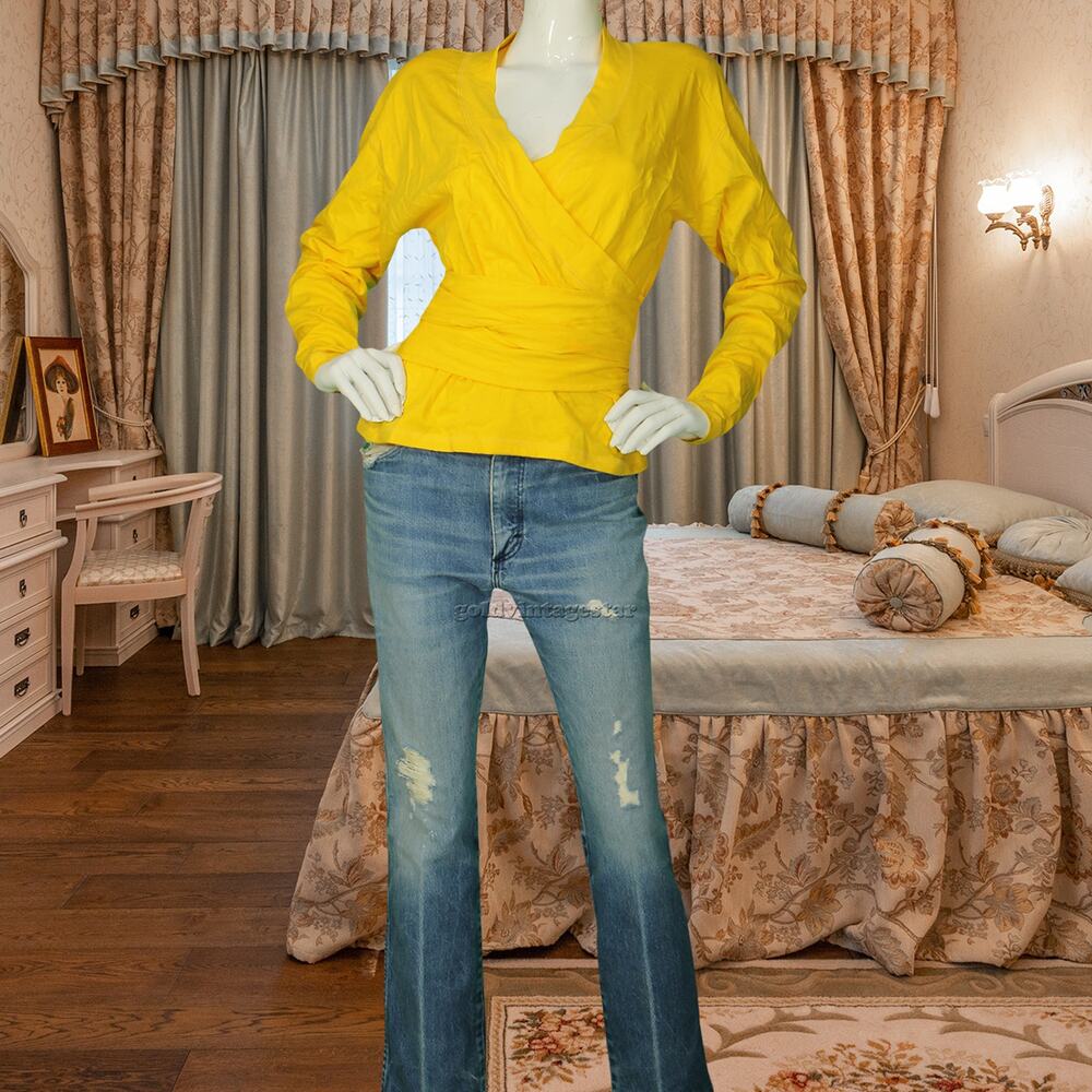 Gene Ewing Bis Bright Yellow Wrap Blouse Top M Vintage Chic